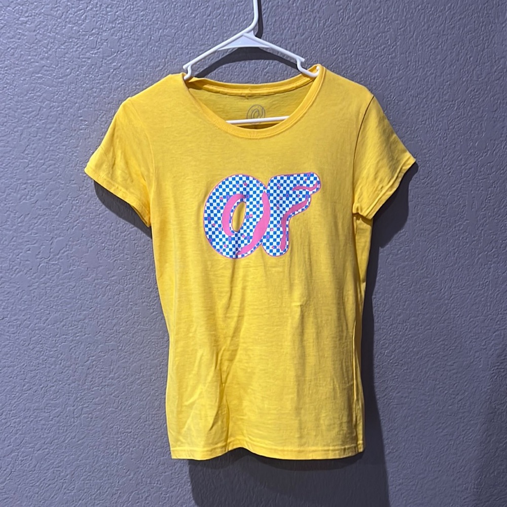 Odd Future Yellow T-Shirt With Checkered Pink and Blue Logo Women’s Size Small